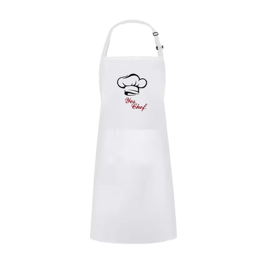 Embroidered White "Yes Chef" Apron with Adjustable Neck Strap and Front Pockets