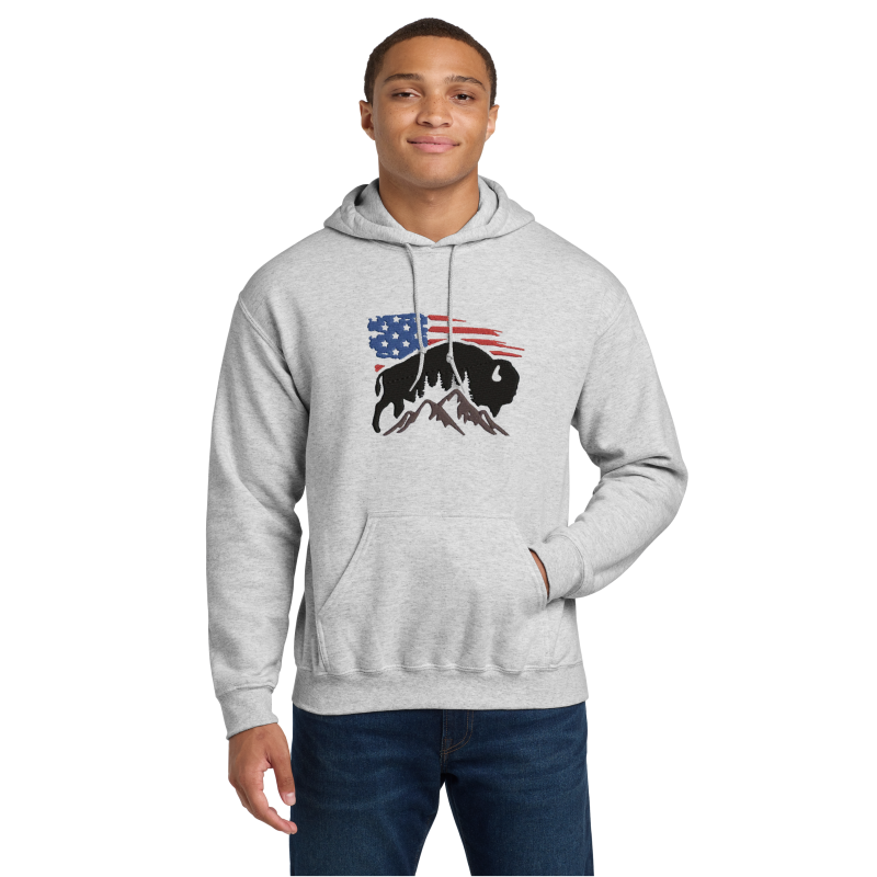 Men's Hooded Sweatshirt USA Flag and American Bison