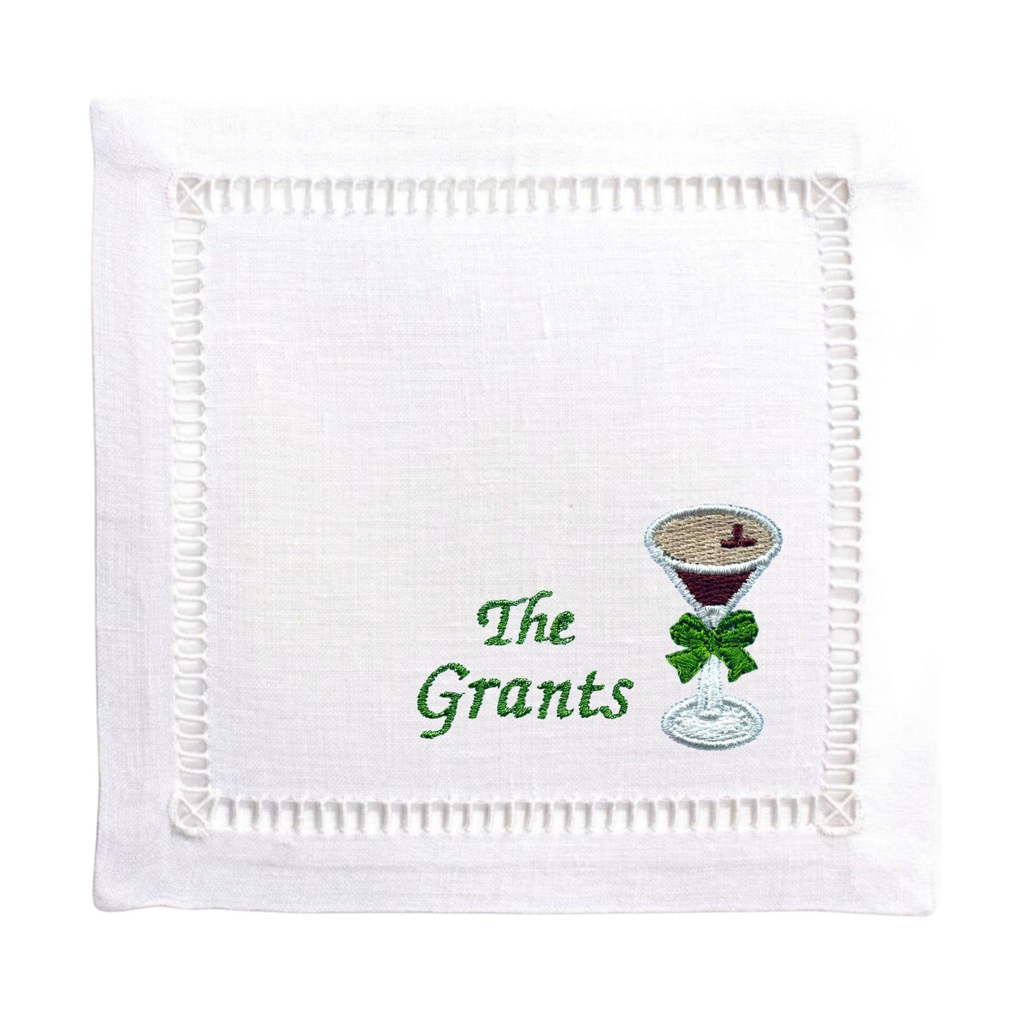 Customized White Linen Embroidered Espresso Martini Glass with Bow Cocktail Napkins
