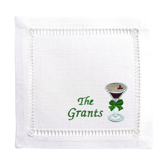 Customized White Linen Embroidered Espresso Martini Glass with Bow Cocktail Napkins