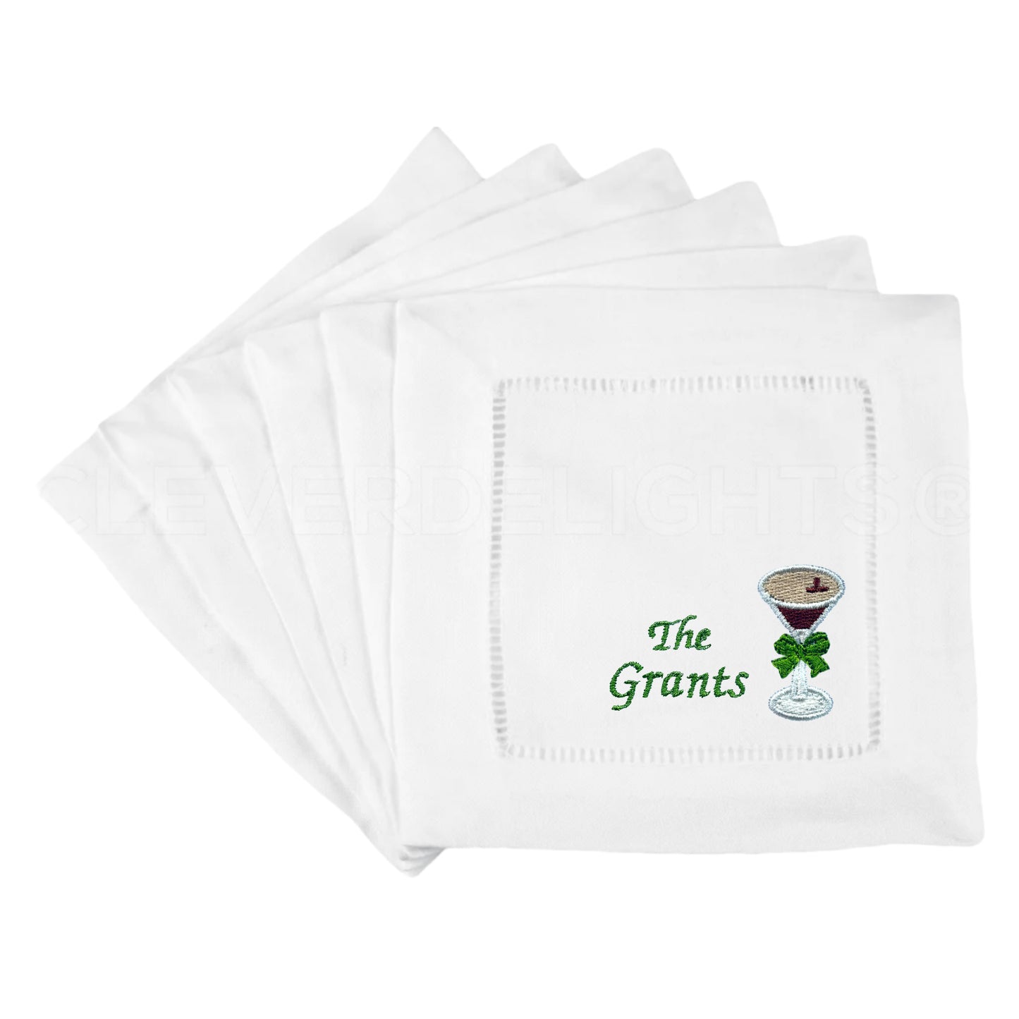 Customized White Linen Embroidered Espresso Martini Glass with Bow Cocktail Napkins