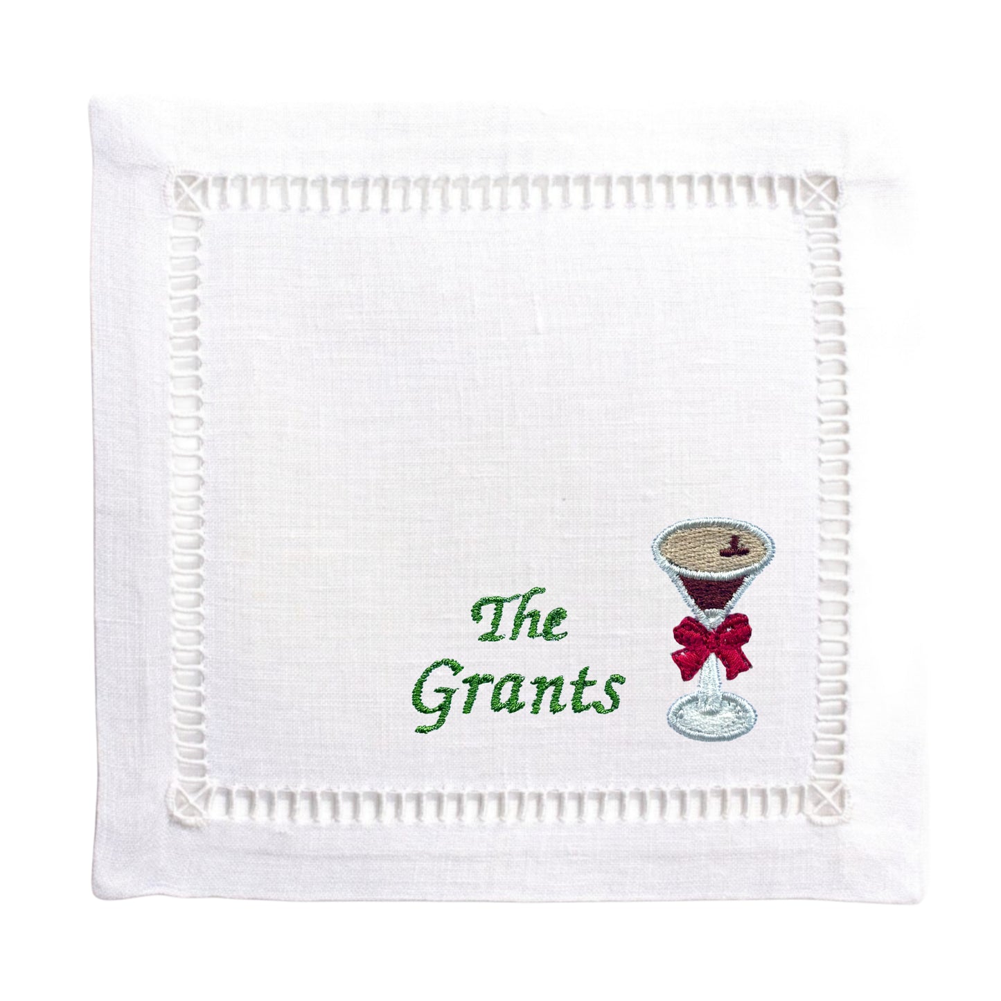 Customized White Linen Embroidered Espresso Martini Glass with Bow Cocktail Napkins