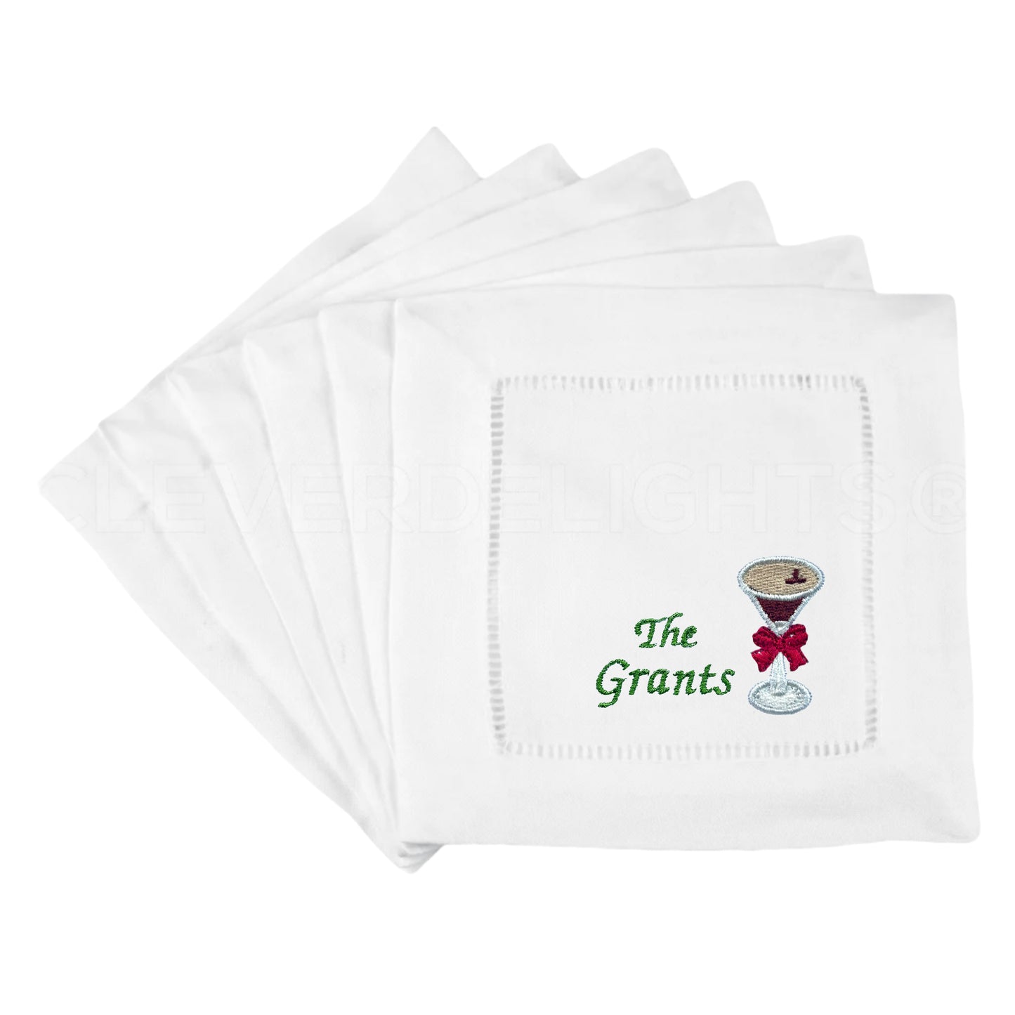 Customized White Linen Embroidered Espresso Martini Glass with Bow Cocktail Napkins