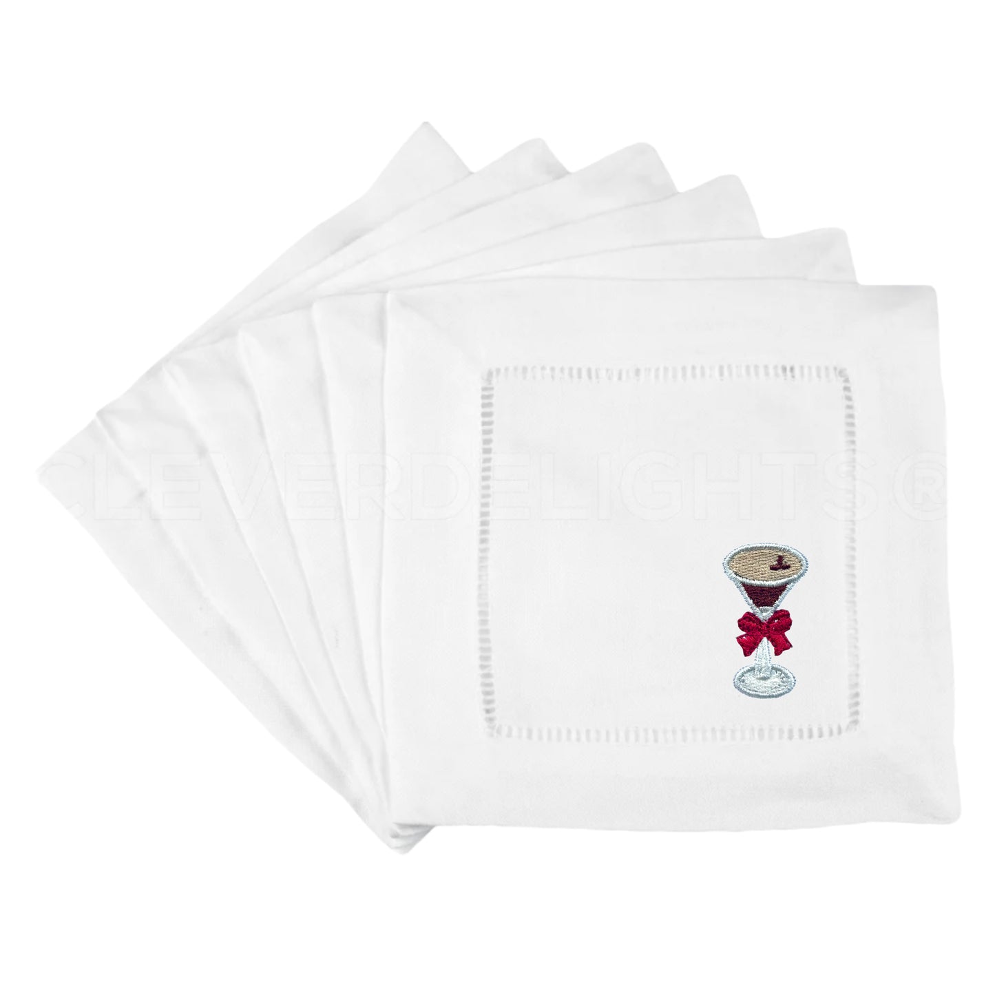 White Linen Embroidered Espresso Martini Glass with Bow Cocktail Napkins