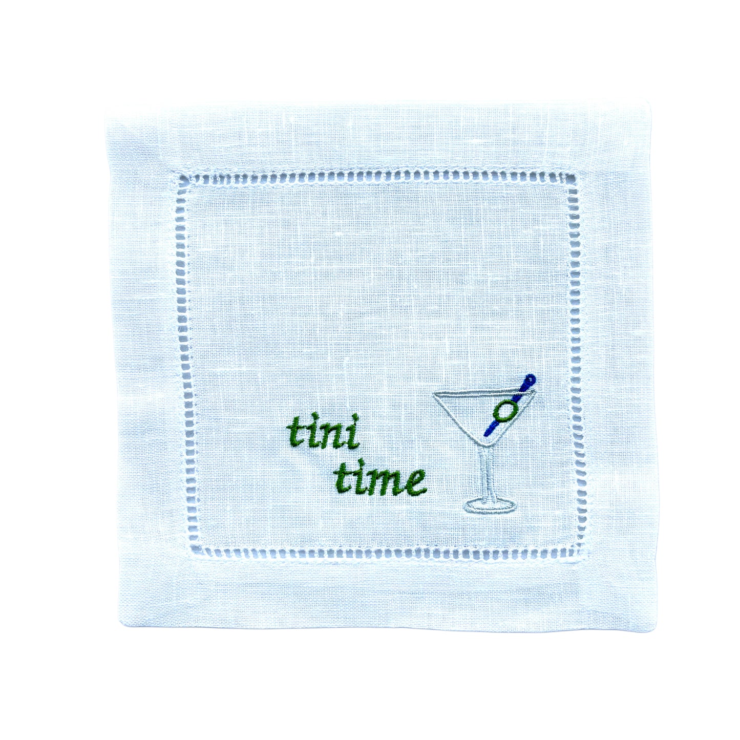 White Linen Embroidered Martini Glass 'tini time' Cocktail Napkins