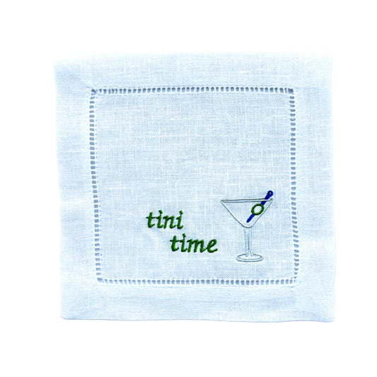 White Linen Embroidered Martini Glass 'tini time' Cocktail Napkins