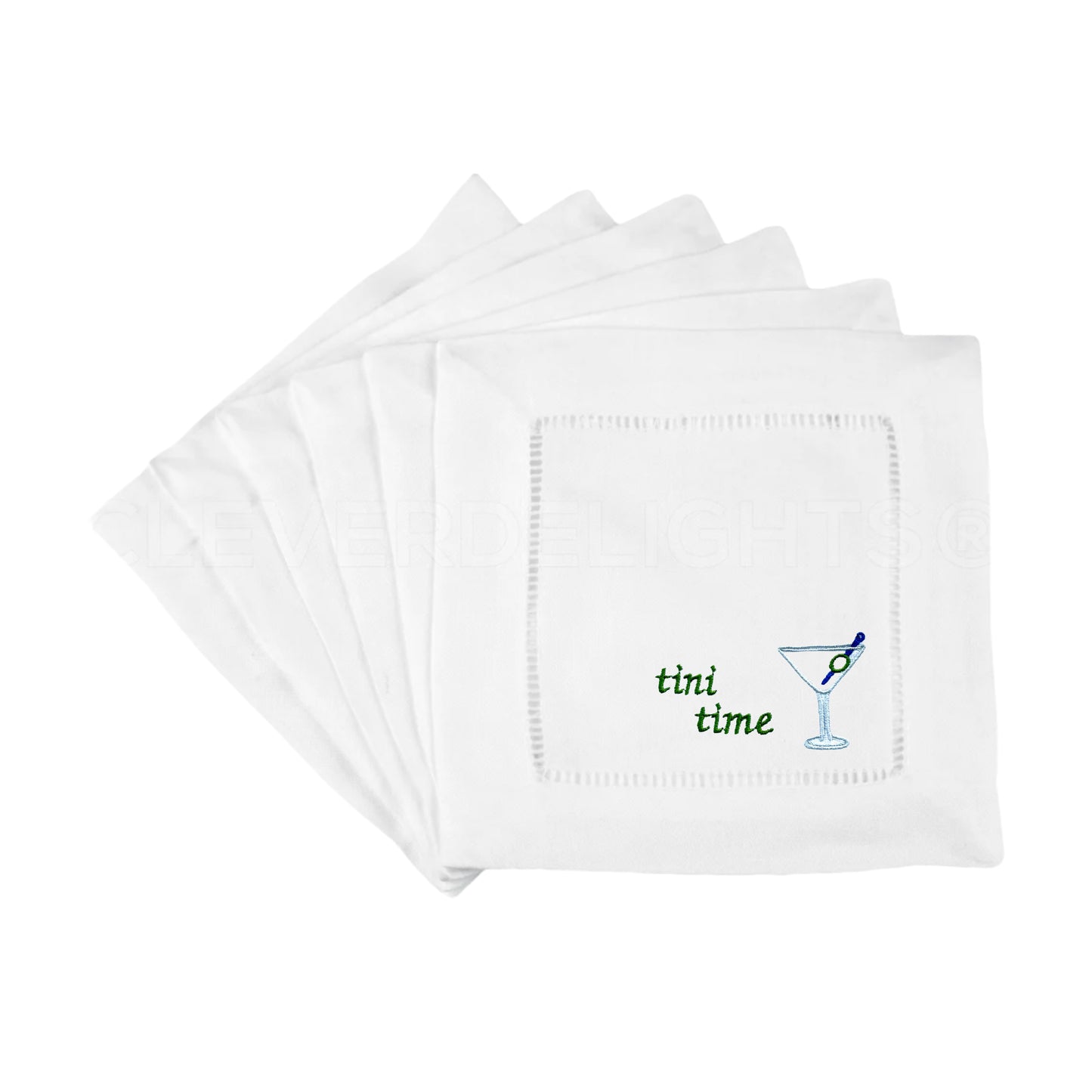 White Linen Embroidered Martini Glass 'tini time' Cocktail Napkins